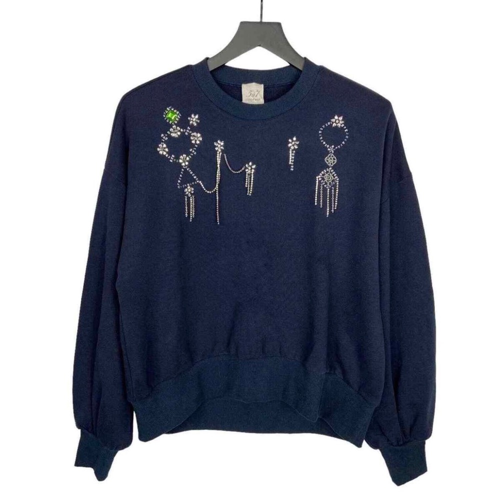 Cinq a Sept Gem Embellished Sweatshirt Navy Blue Crewneck Pullover RETAIL $295